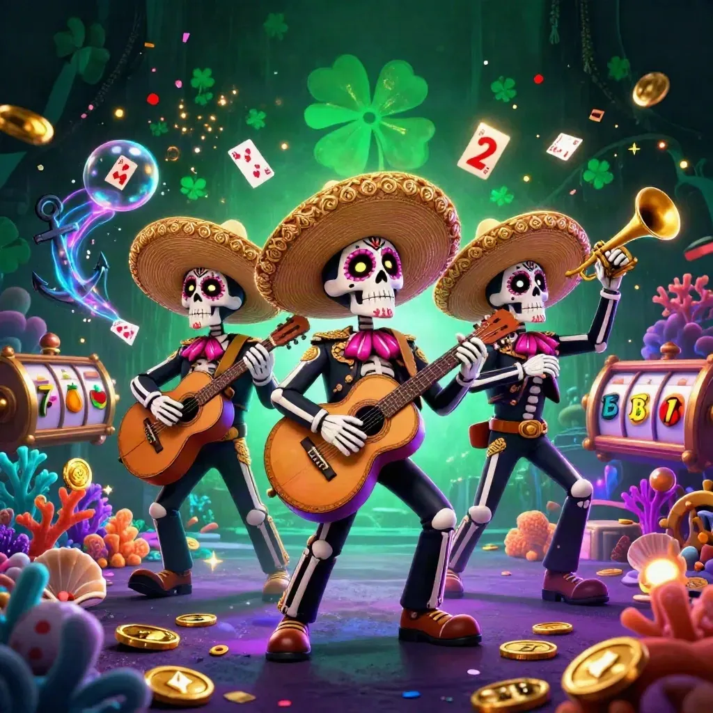 Three skeleton mariachi heroes amid treasure cove, coins, slots, coral, and neon casino lights.