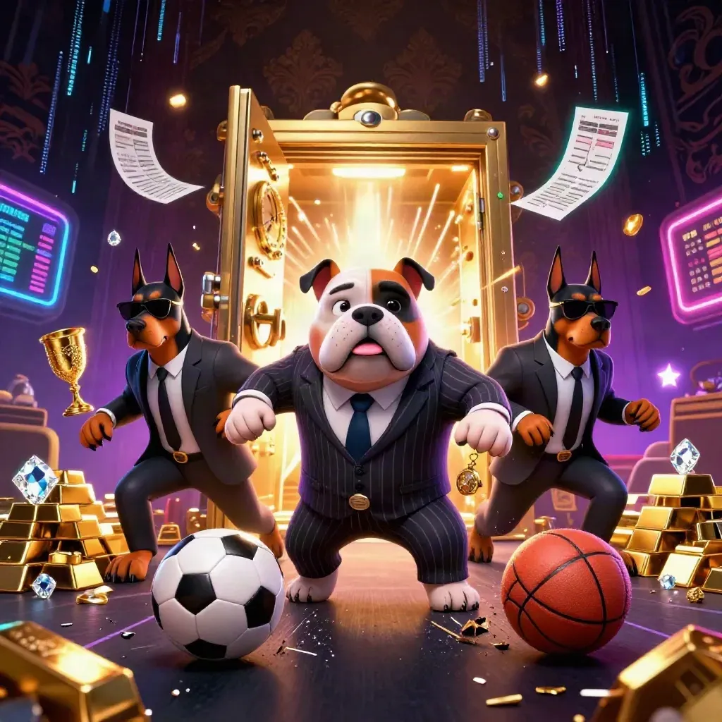 Bulldog mob boss and two Dobermans amid gold vault blast, casino lights, balls, gems, and neon energy.