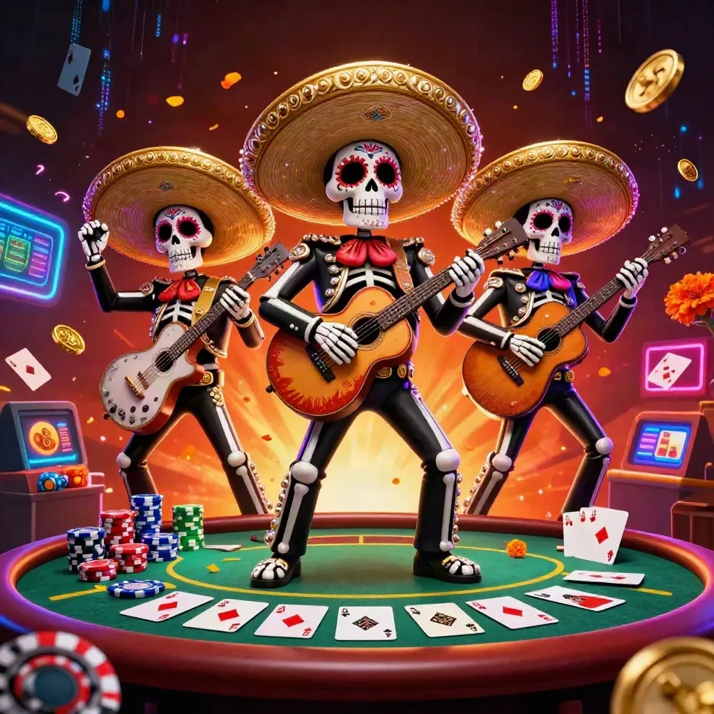 Skeleton mariachi trio amid poker chips, cards, coins, neon energy, and ember-lit casino glow.