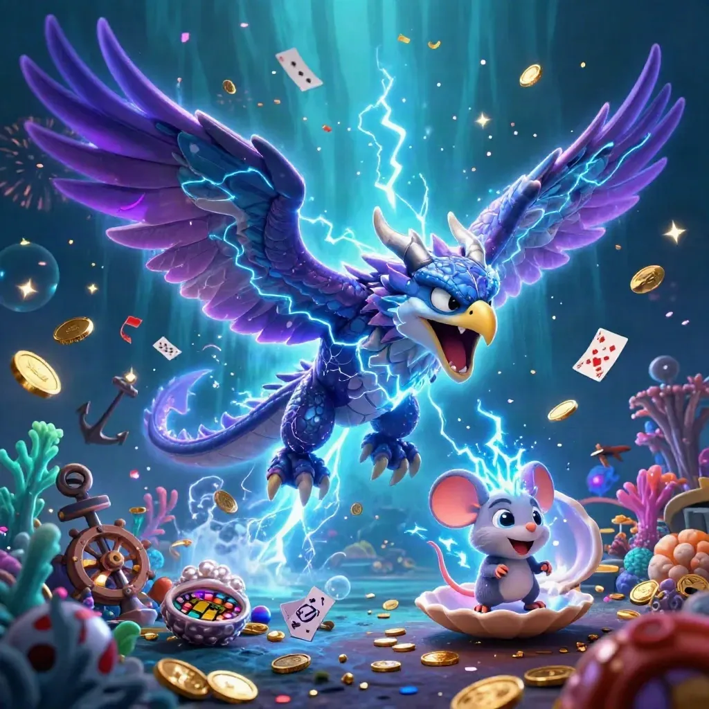 Thunder dragon, hawk, and mouse over a glowing underwater treasure cove with casino relics.