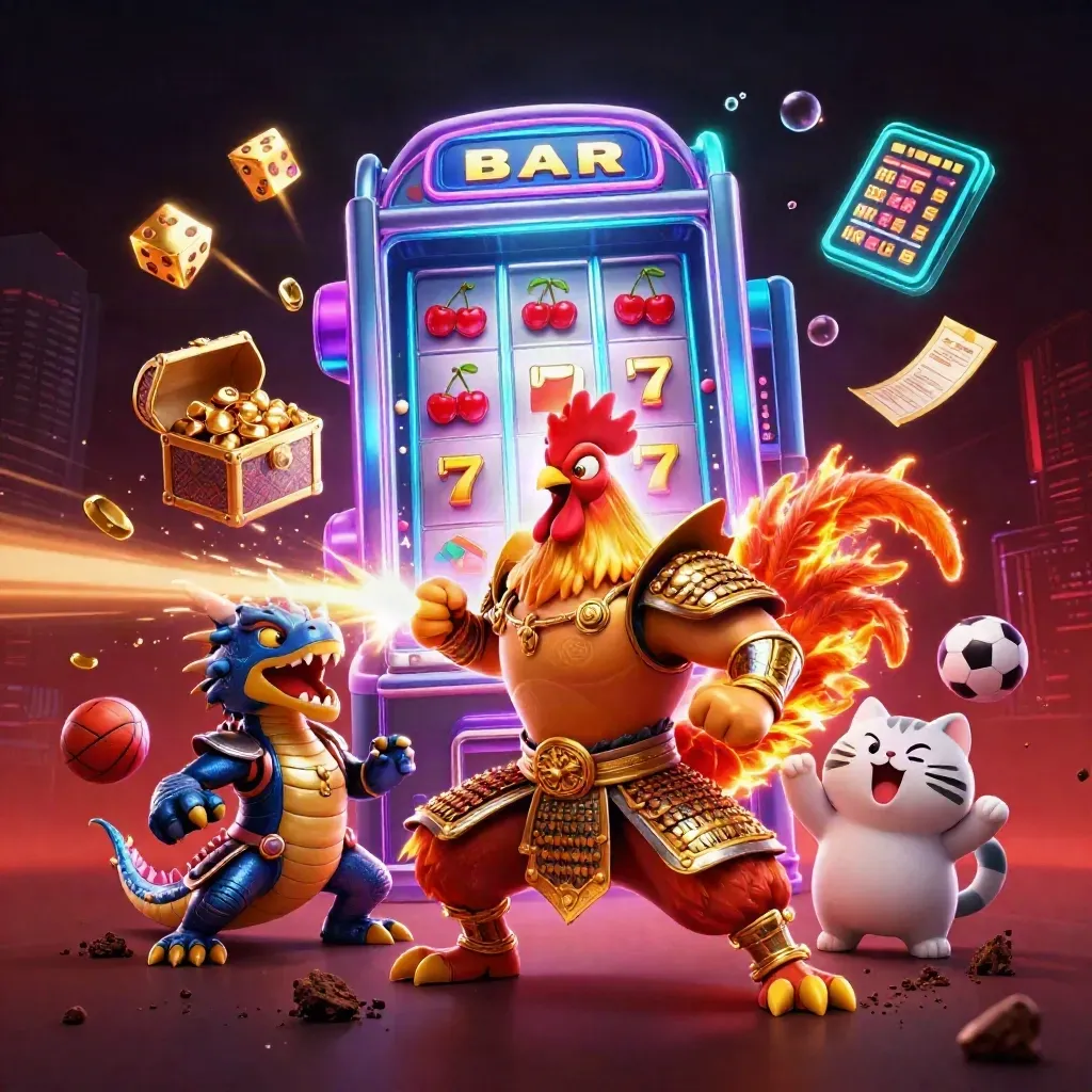 Samurai rooster, dragon hatchling, and lucky cat amid neon casino jackpot props and sports balls.