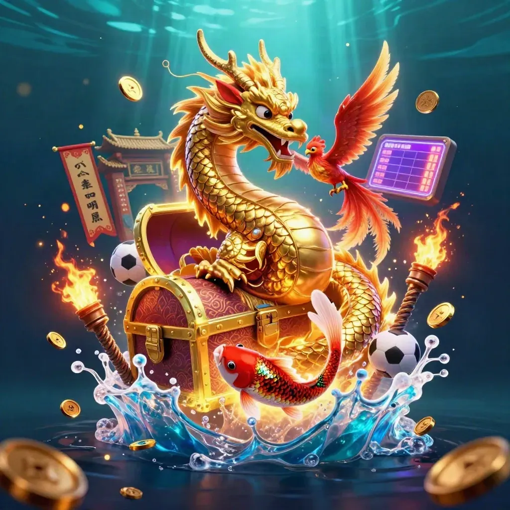 Golden dragon, phoenix, koi and casino sports props exploding in neon light over a dark teal sea.