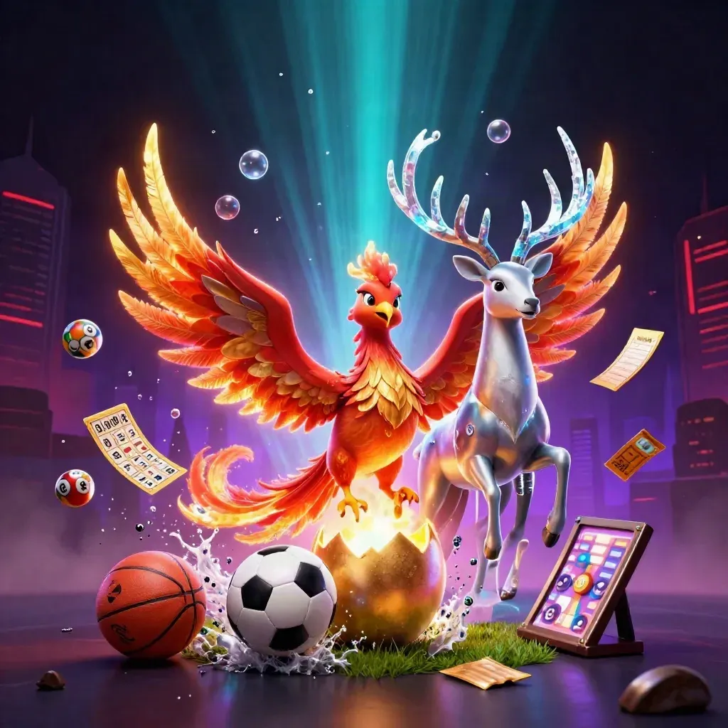 Phoenix, baby phoenix, and crystal-antlered stag amid casino balls, wheel, tickets, and cyan-violet light.