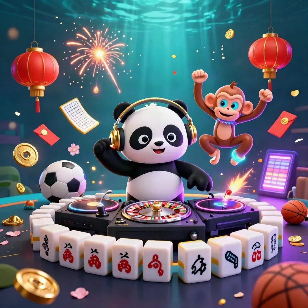 DJ panda, dancing monkey and rave kitten amid casino sports gear and neon glow.