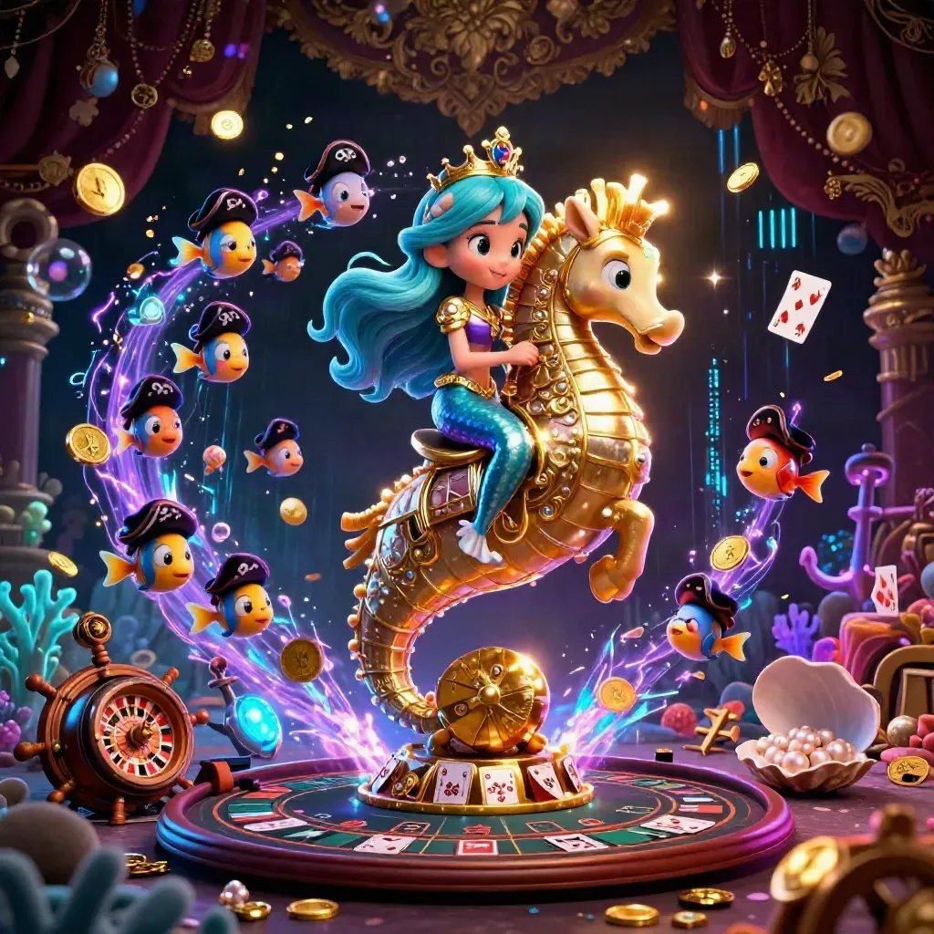 Mermaid princess on armored seahorse in a neon casino treasure cove with pirate fish and gold coins