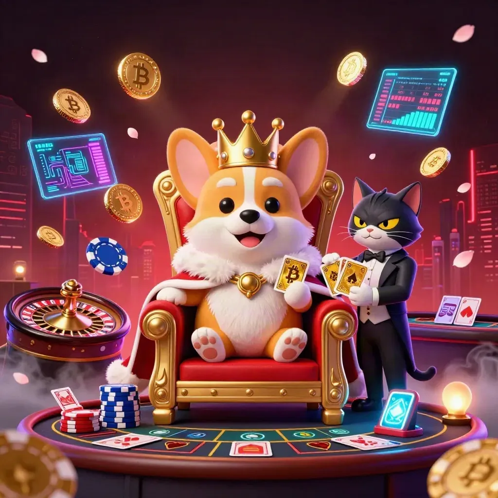 Royal corgi and cat butler in a neon crypto casino with glowing coins, smoke, petals, and brass