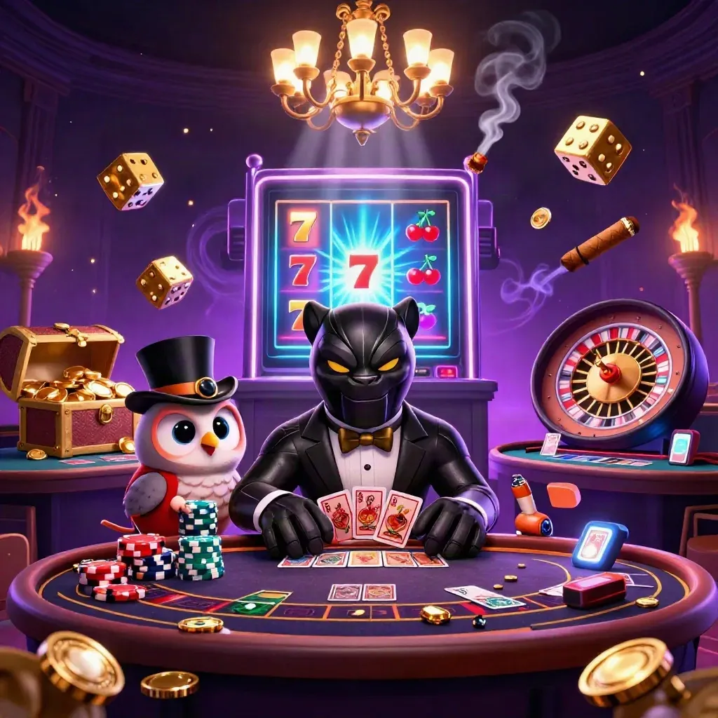 Panther, owl, and mouse in a neon casino room with slot bursts and gold