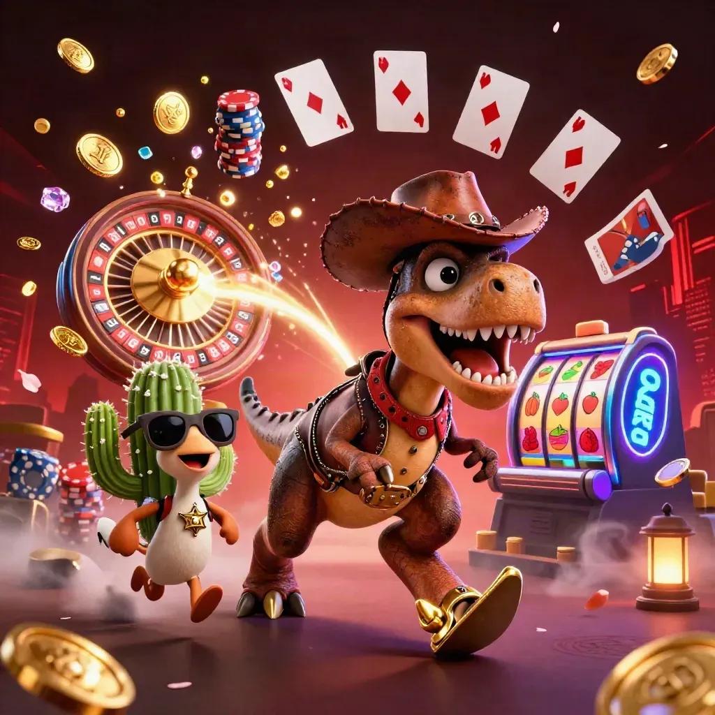 Cowboy T-Rex, cactus sidekick, and roadrunner amid coins, gems, chips, and casino glow