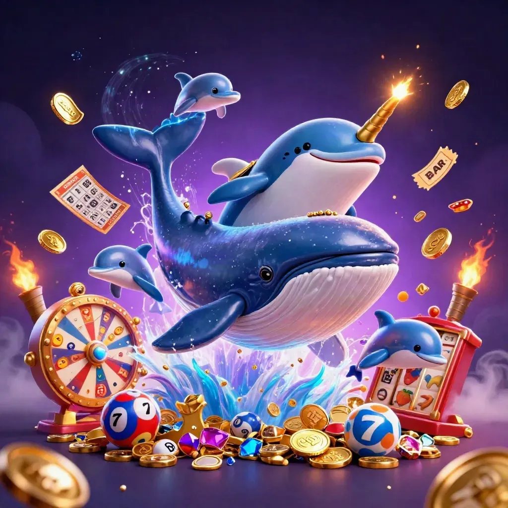 Whale captain, narwhal, and dolphins burst through coins amid neon casino loot and purple energy.