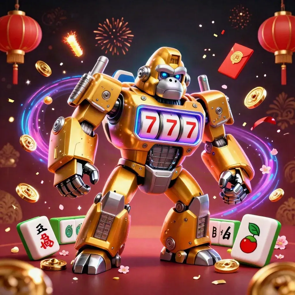 Golden gorilla slot mech with monkey pilot, casino treasure bursts, neon violet energy