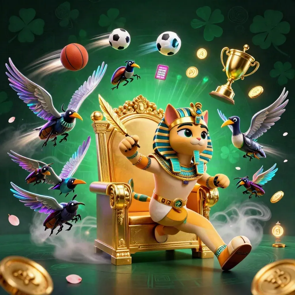 Pharaoh cat, ibis scribe, and gem-winged scarabs amid flying sports balls and gold treasure.