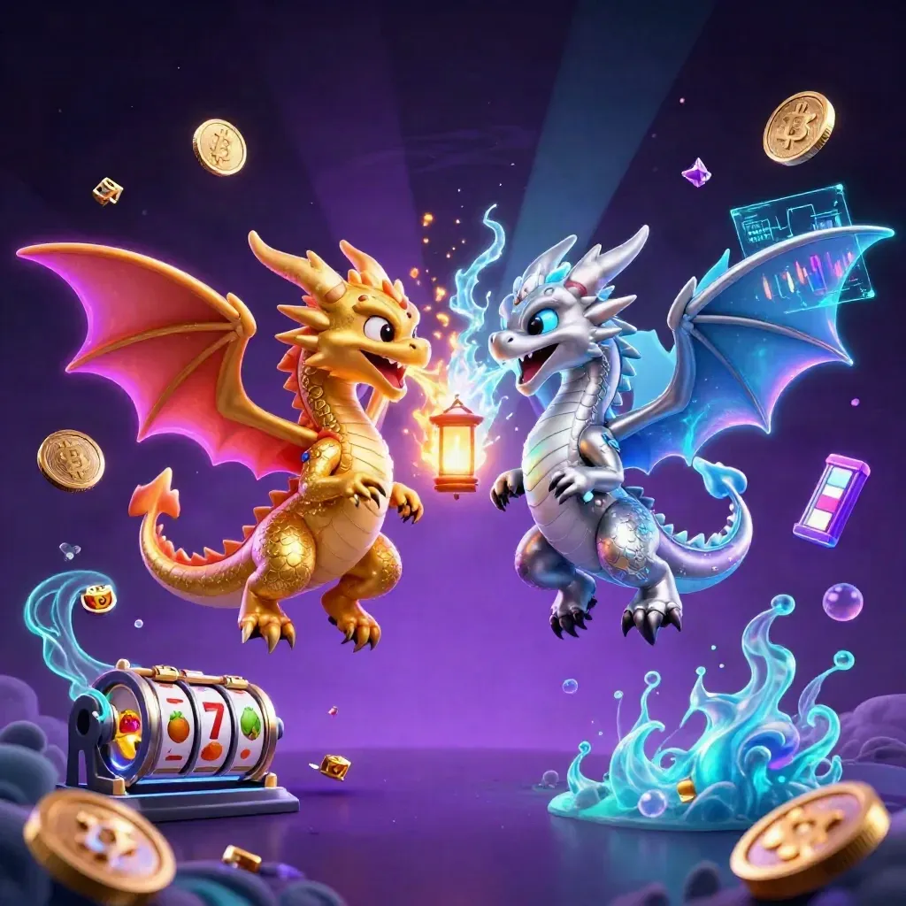Twin gold and silver dragons spiral in yin-yang fire and ice amid casino coins and neon magic.