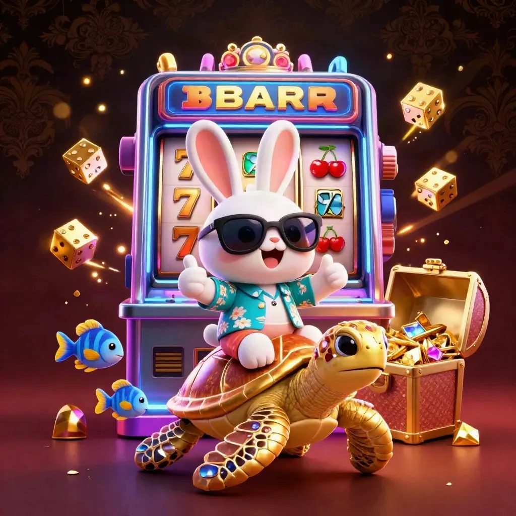 Lucky rabbit on gem turtle amid slot burst, gold, fish, and neon casino glow
