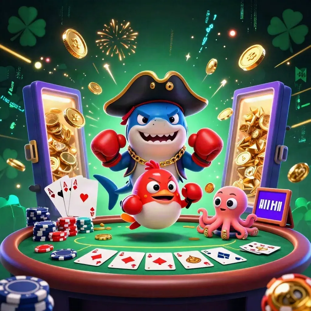 Shark pirate, boxing pufferfish, and juggling octopus amid neon casino coins and chips