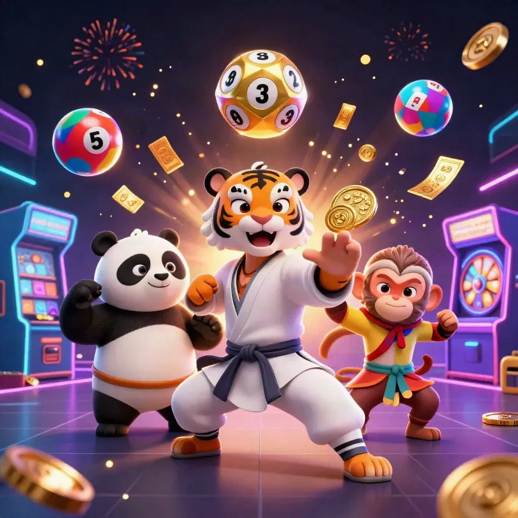 Kung-fu tiger, panda, and monkey amid casino fireworks, coins, balls, and prize wheel