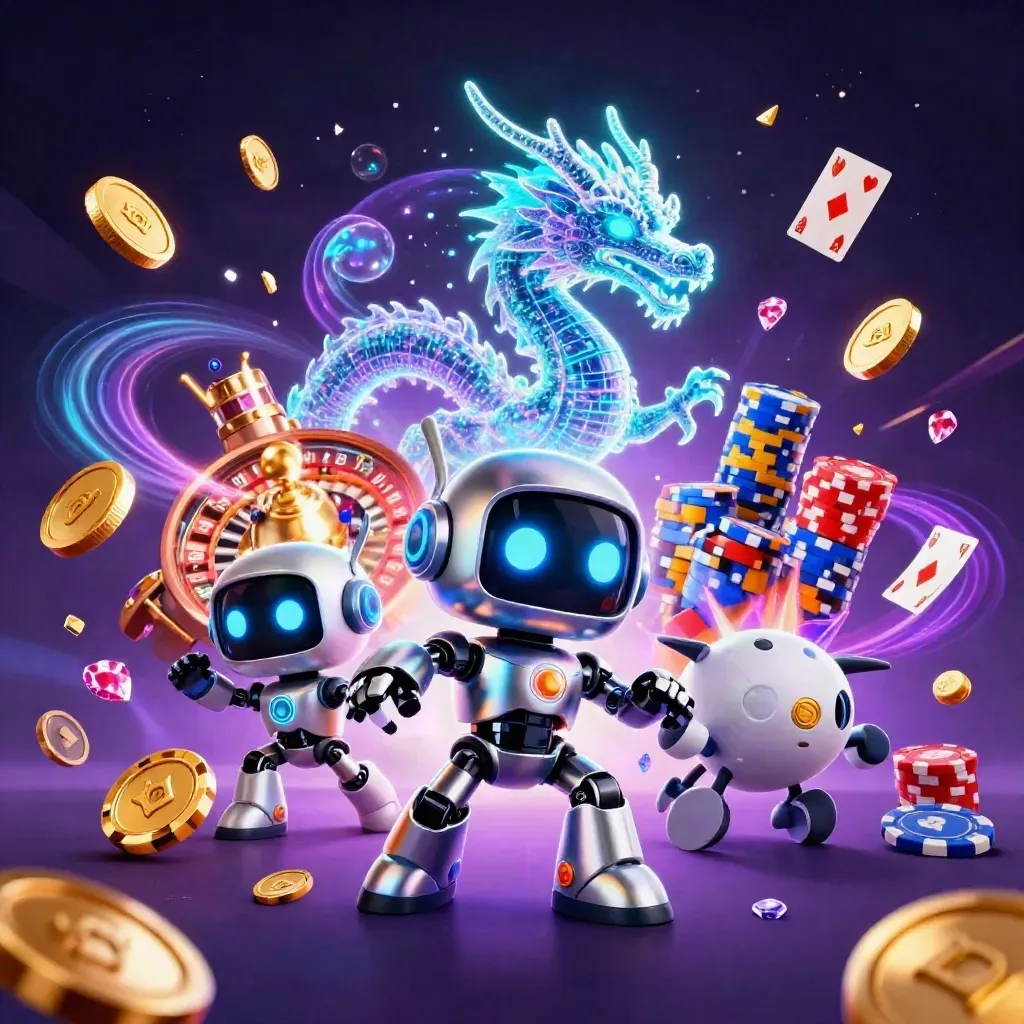 Cyberpunk robot, holographic dragon, and coin drone amid exploding gold coins, chips, cards, and neon casino effects.