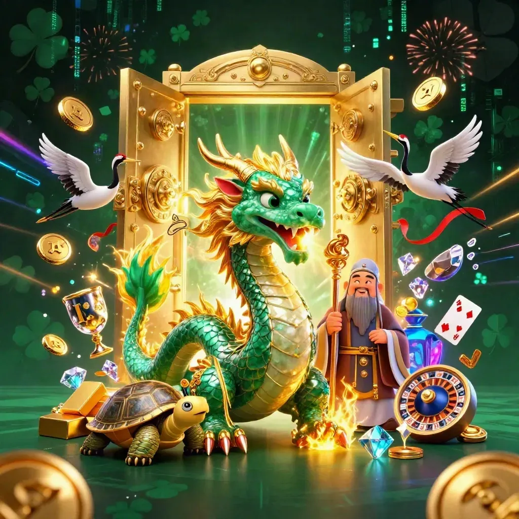 Jade dragon, wise turtle sage and cranes burst through a vault with gold, gems and neon casino light.