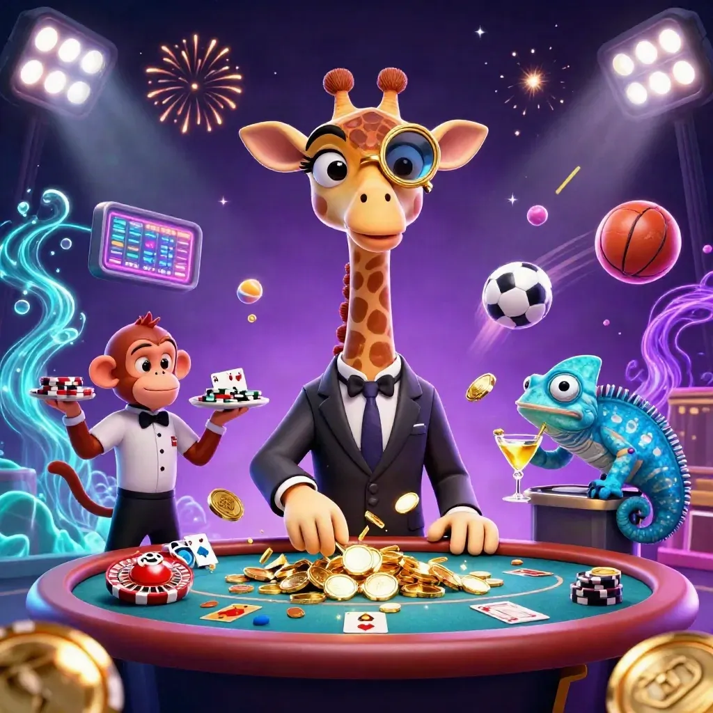 Giraffe, monkey valet and chameleon bartender amid coins, sports balls and neon casino effects