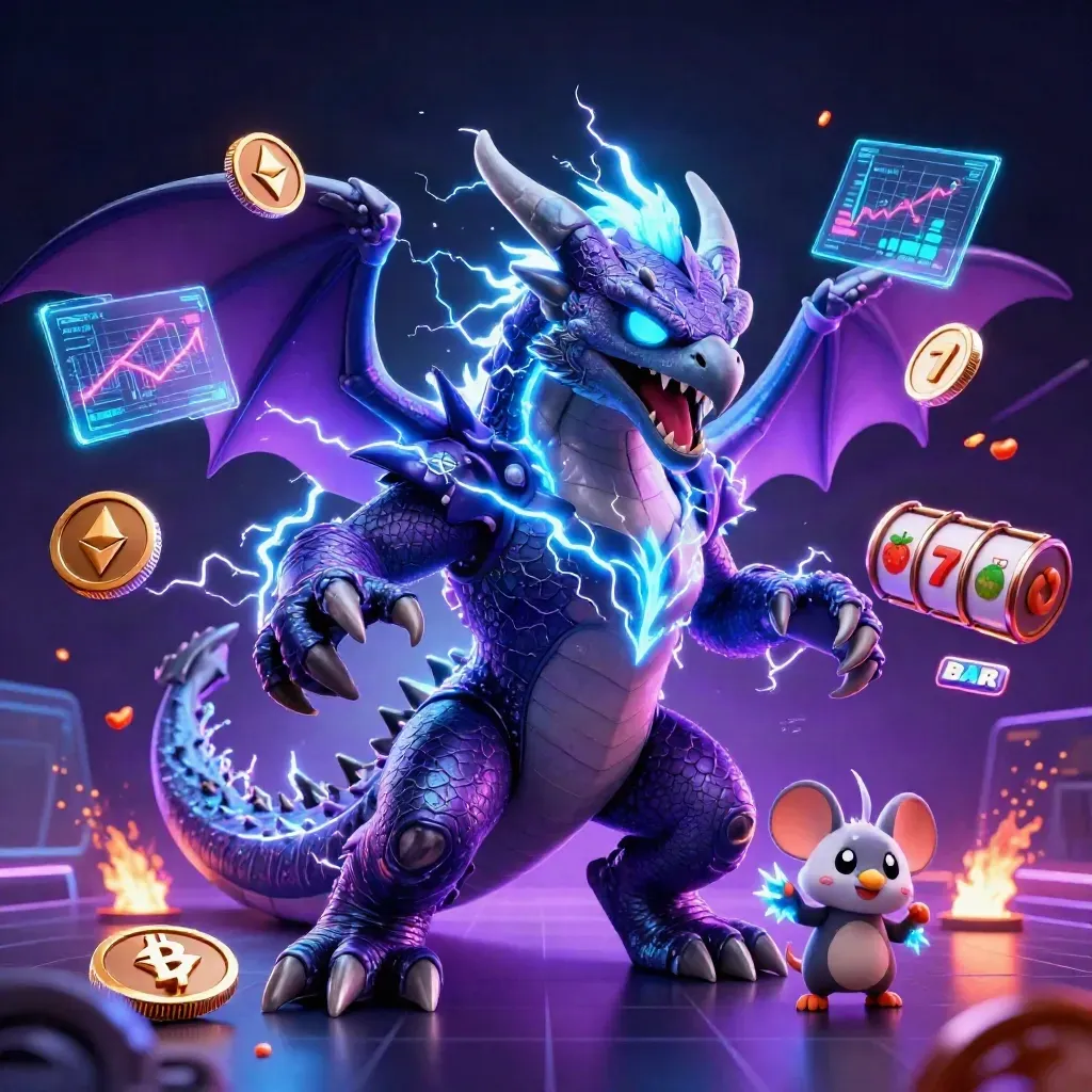 Thunder dragon, wind hawk, and static mouse amid neon coins, slot symbols, and lightning.