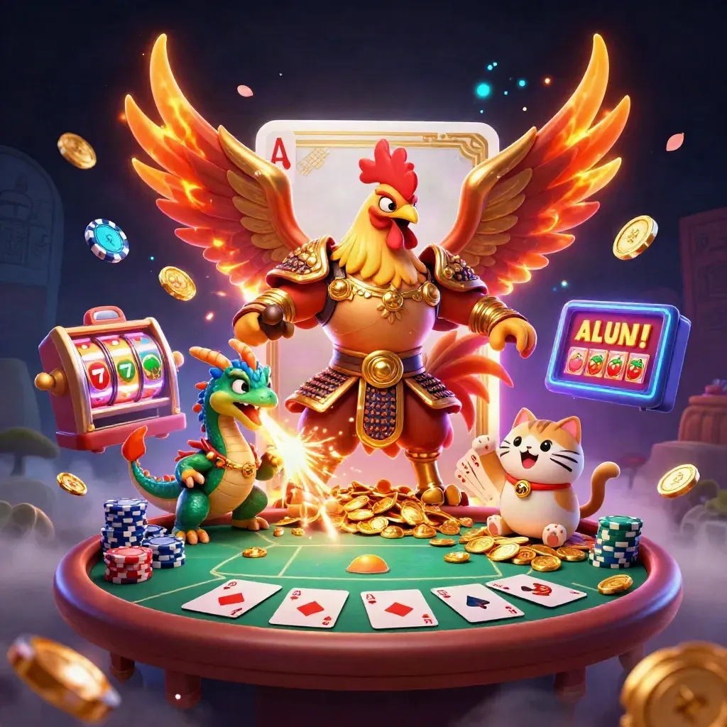 Rooster samurai, spark-breathing hatchling and fortune-cat amid casino chips and neon reels