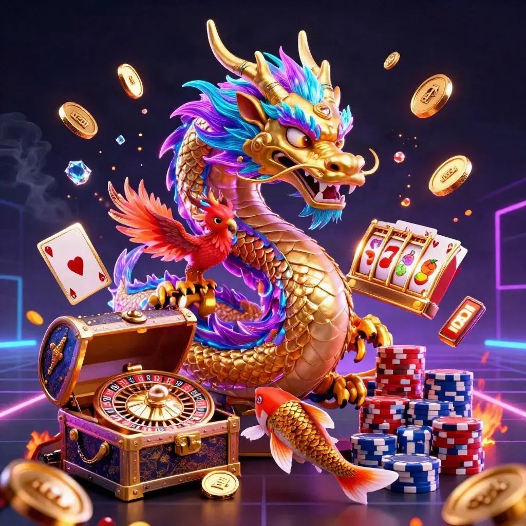 Golden dragon, phoenix, koi, casino chips, coins, and neon cyberpunk effects on a dark background.