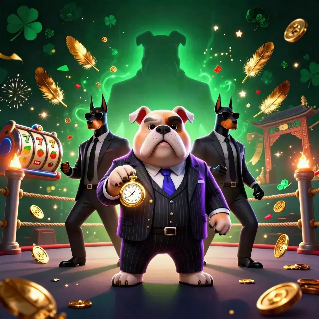 Bulldog mafia boss and Doberman guards amid casino reels, coins, sparks, and a temple gate.