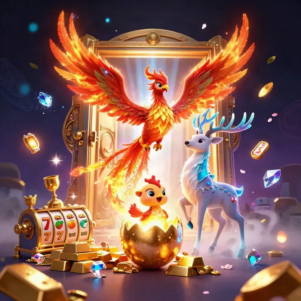 Phoenix, hatchling, and crystal-antlered stag burst from a glowing vault with casino loot.