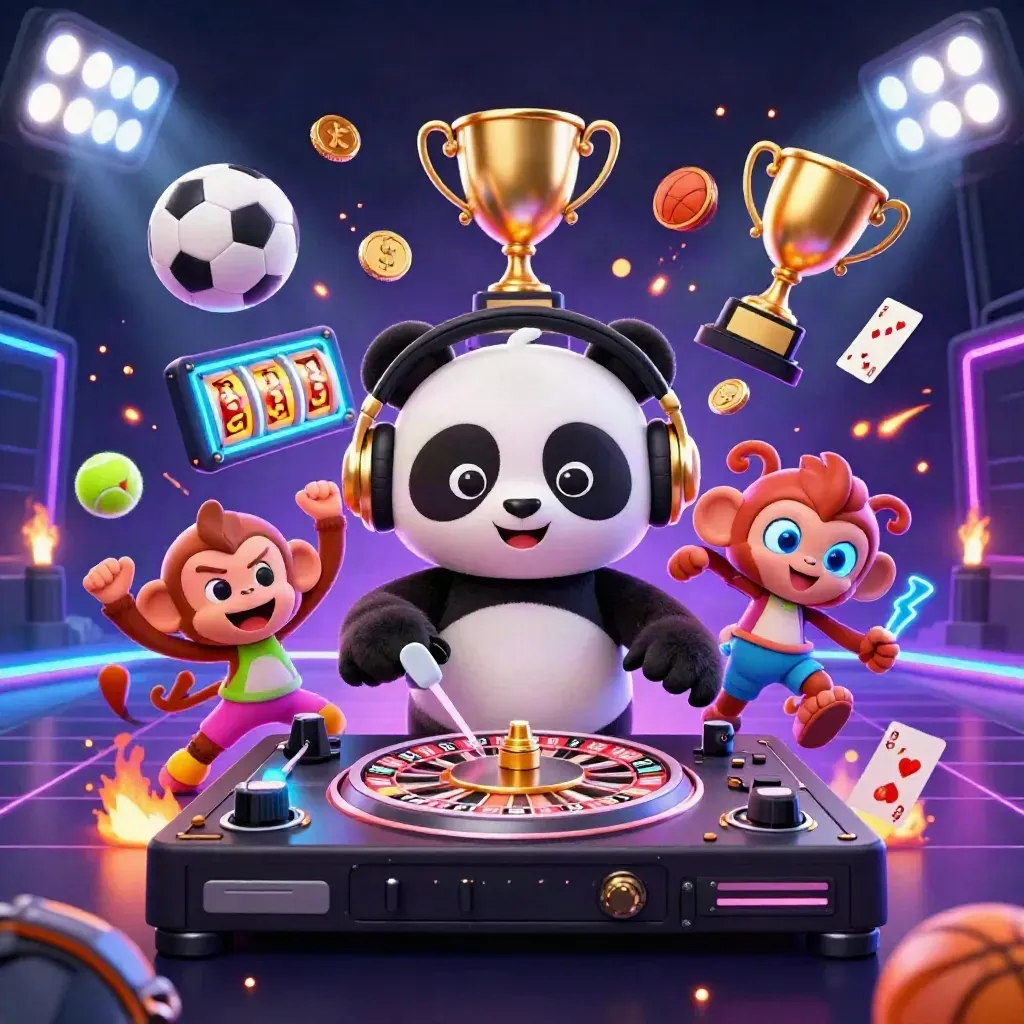 DJ panda, dancing monkey, and rave kitten amid casino lights, coins, and sports balls
