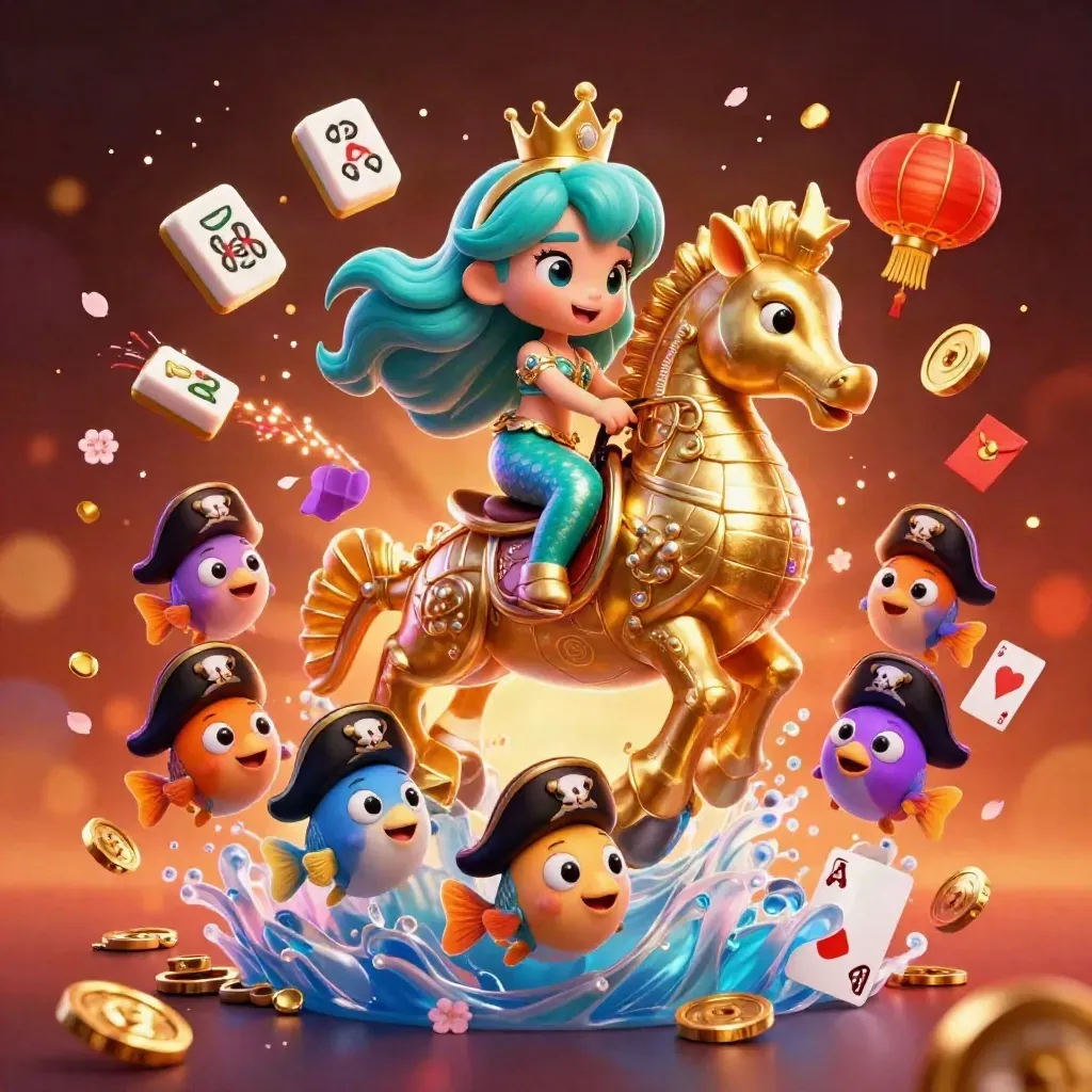 Mermaid princess on a gold-armored seahorse, with pirate fish and casino rewards in neon glow.